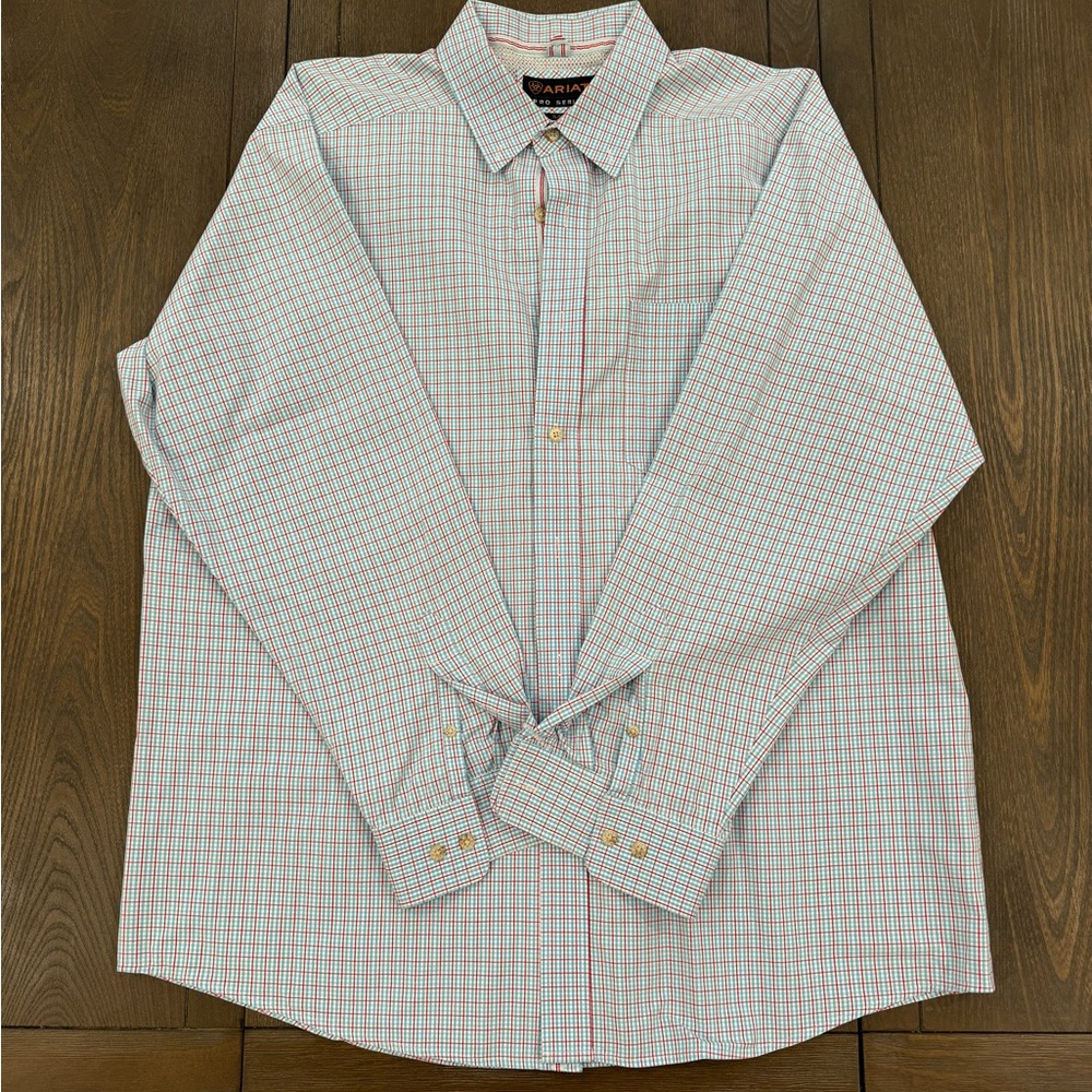Men’s Ariat button down shirt, blue with red and white plaid, XL